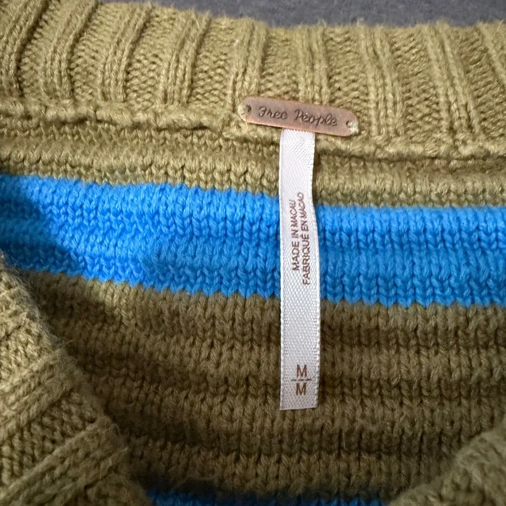 Free People Striped Knit Sweater Womens Size Medium Blue Olive Green
